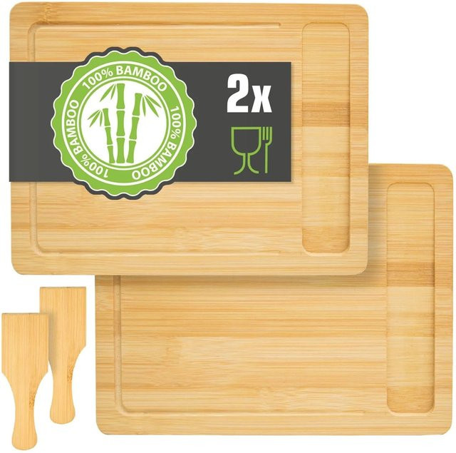 DuneDesign 2er Set Schneidebretter aus Bambus mit Auffangschale in Braun und Beige, B/T: 30 x 22 cm - Bild 1