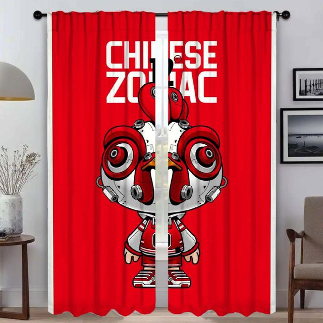 Halloween-Trennvorhänge mit den zwölf chinesischen Tierkreiszeichen, rote Verdunkelungsvorhänge für Kinderzimmer und Schlafzimmer, B: 50 cm, H: 70 cm, 2 Stück - Bild 1