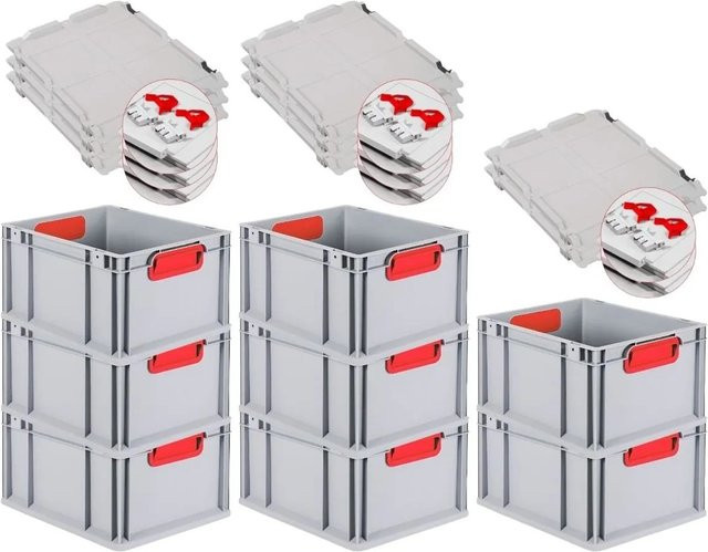 PROREGAL Spar Set 8x Eurobox Nextgen Color mit Scharnierdeckel und Schiebeschnappverschlüssen in Rot, H x B x T: 22 x 30 x 40 cm - Bild 1
