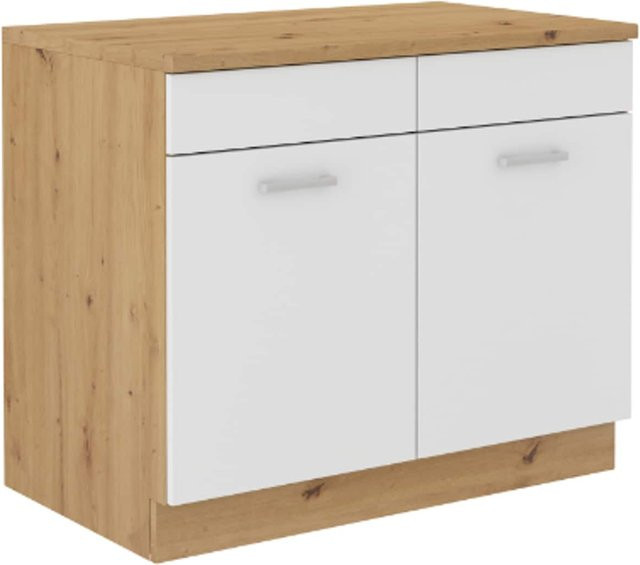 Spülenschrank Mario 100 Küchenzeile in Weiss und Eiche Artisan als Einbauküche - Bild 1