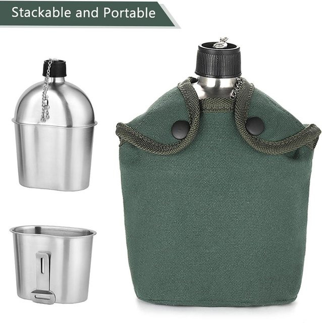 Edelstahl Militär Kantine Tassen Set mit Abdeckungstasche für Outdoor Camping und Wandern, 2 Stück, Silber und Grün, 1000 ml und 600 ml - Bild 1