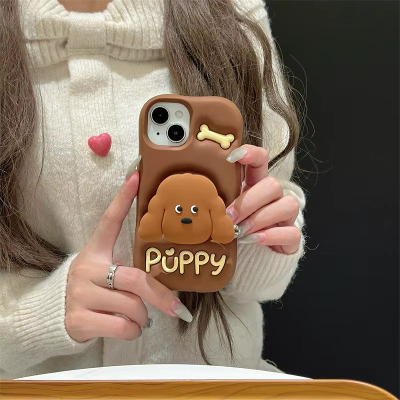 MUQGEW Silikon-Handyhülle mit Cartoon-Teddy-Welpen-Design und Teleskopfunktion für iPhone 16, 15, 14, 13, 12 Pro Max, braun - Bild 6