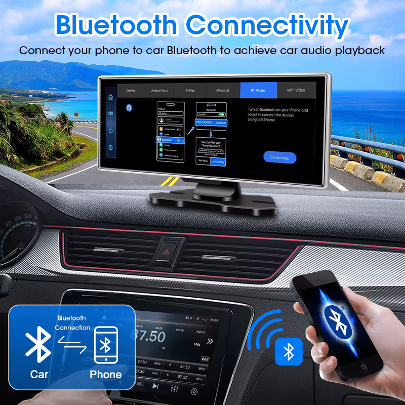 Srnubi 4K Dash Cam mit Android Auto und CarPlay, 11,26 Zoll Auto DVR Spiegel mit Dual Len, Bluetooth, FM und AUX, Schwarz - Bild 4