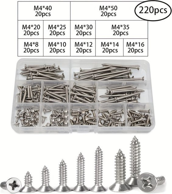 MIVM M4 Edelstahl Kreuzschlitz-Senkkopf-Blechschrauben-Set in Silber - Bild 1