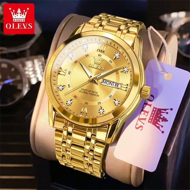 Olevs Armbanduhr Quarz, Edelstahl, Gold, Diamantbesetzt, Herren - Bild 1