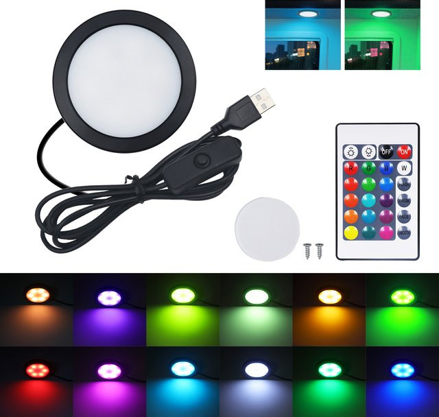 HEGEHE RGB Puck Licht mit Fernbedienung und USB-Anschluss, dimmbar, Multicolour, ideal als Schrankbeleuchtung oder Nachtlampe - Bild 1