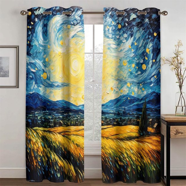 Van Goghs Traumland Pastorale Ölgemälde Vorhänge, 2er-Set mit Haken, halbtransparent, Polyester, Mehrfarbig, Breite: 50 cm, Höhe: 160 cm - Bild 1