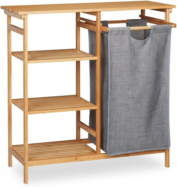 Relaxdays Badregal aus Bambus mit Wäschekorb aus Stoff in Grau, 4 Ablagen, B/T/H: 80,5 x 80 x 33,5 cm - Bild 1