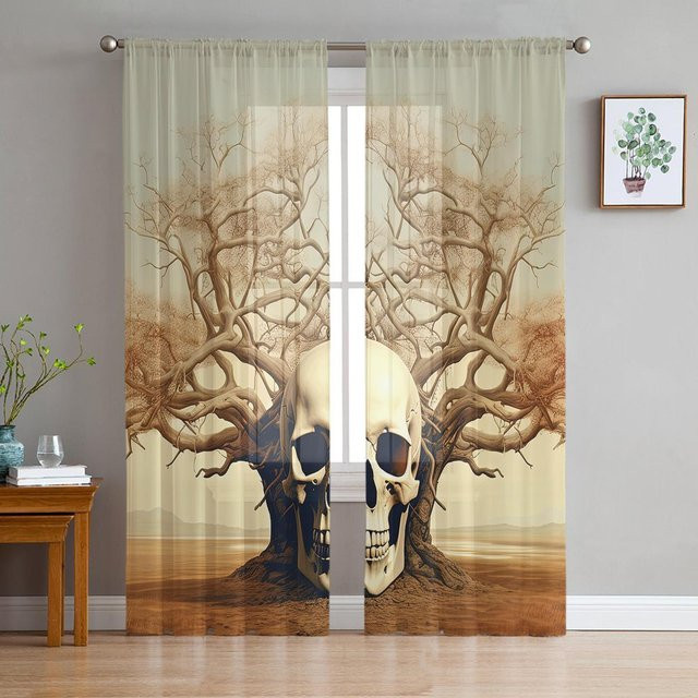 Super Six Chiffon Fenstervorhang Schädel Baumast Grasland Himmel in Beige, transparent, Breite: 135 cm, Höhe: 114 cm - Bild 1