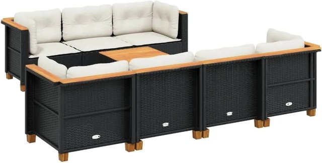 vidaXL 8-tlg Garten-Sofagarnitur aus Poly-Rattan in Schwarz mit cremeweißen Kissen und Akazienholz-Tisch - Bild 1