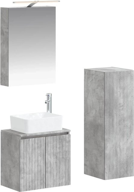 vidaXL Badezimmermöbel-Set 4-teilig in Betongrau mit Waschtischunterschrank, Wandunterschrank und Spiegelschrank aus Holz und Glas mit LED-Beleuchtung - Bild 1