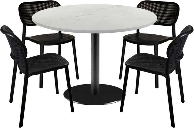 RestooTab Esstisch-Set Rome XL mit 4 Stühlen, runder Esstisch in Stein-Optik, weiß/beige/marmoriert mit schwarzem Gestell, B/T/H: 120 x 120 x 75 cm - Bild 1