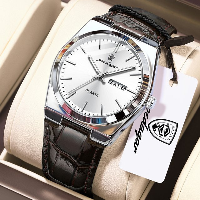 POEDAGAR Armbanduhr Quarz, Leder, Silber, Weiß, Herren - Bild 1