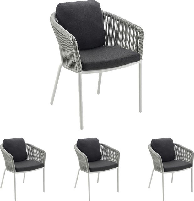 4er Set Solpuri LOOP Dining Sessel mit Sitzpolster und Rückenkissen, Aluminium String-Flex, Farben: Weiß-Grau und Bombay Anthrazit - Bild 1