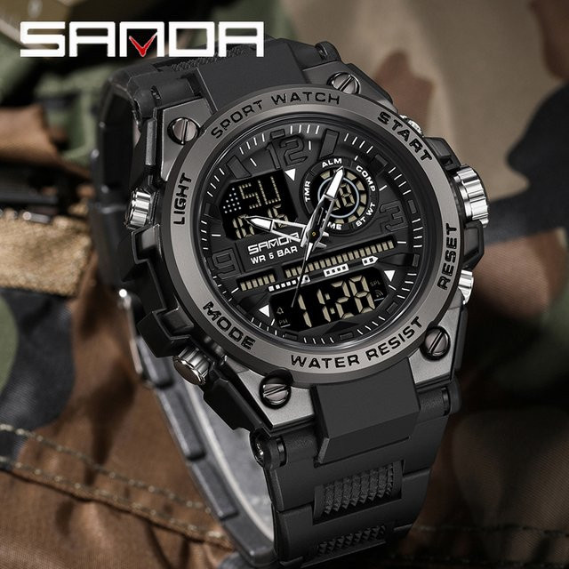 SANDA Armbanduhr Quarz, Digitaluhr, Schwarz, Kunststoff, Herren - Bild 1