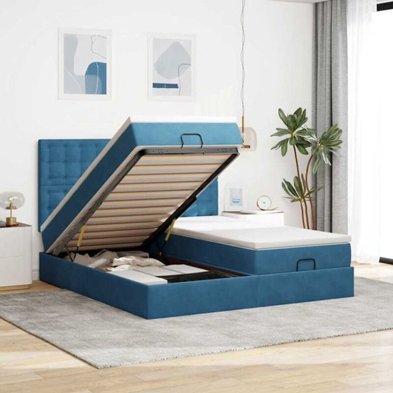 Vidaxl Ottoman Polsterbett mit Matratze und LED-Beleuchtung aus Samt in Dunkelblau, B/T/H: 160 x 200 x 128 cm - Bild 1