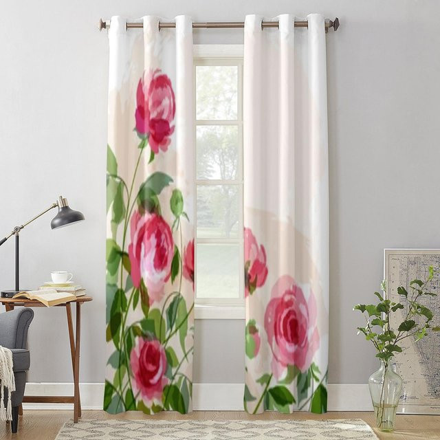 Super Six Vorhang mit Pfingstrosen-Blumenmuster in Weiß, semi-transparent, Breite: 135 cm, Höhe: 60 cm - Bild 1