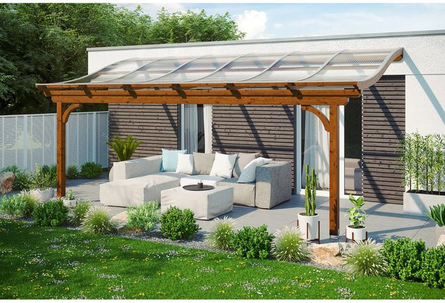 Skan Holz Terrassenüberdachung Verona aus Leimholz in Nussbaum Braun B/T/H: 648 x 339 cm mit Polycarbonat Dach - Bild 1