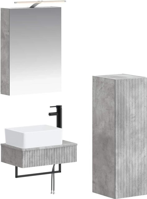 vidaXL Badezimmerschrank-Set 4-teilig in Betongrau mit Waschtischunterschrank, Wandunterschrank und Spiegelschrank mit LED-Beleuchtung, B/T/H: 50 x 14,5 x 70 cm - Bild 1