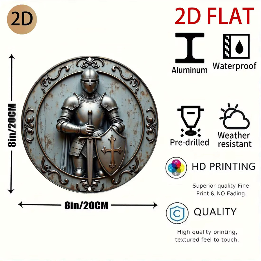 CIFBUY Mittelalterlicher Ritter Wandkunst aus Aluminium, rundes 3D-Schild in Silber, Dekor für Zuhause und Garten - Bild 2