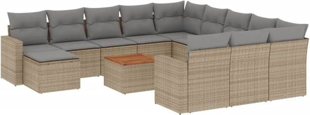 vidaXL 13-teilige Garten-Sofagarnitur in L-Form aus Poly-Rattan und Akazienholz in Beige-Grau mit UV-beständigen Kissen - Bild 1