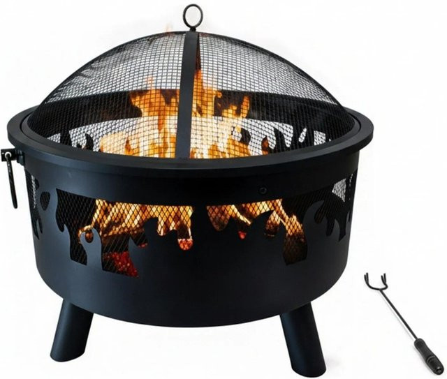 Relaxdays Feuerschale aus Stahl in Schwarz mit Funkenschutzgitter und Schürhaken, Durchmesser: 62 cm, Höhe: 66 cm - Bild 1