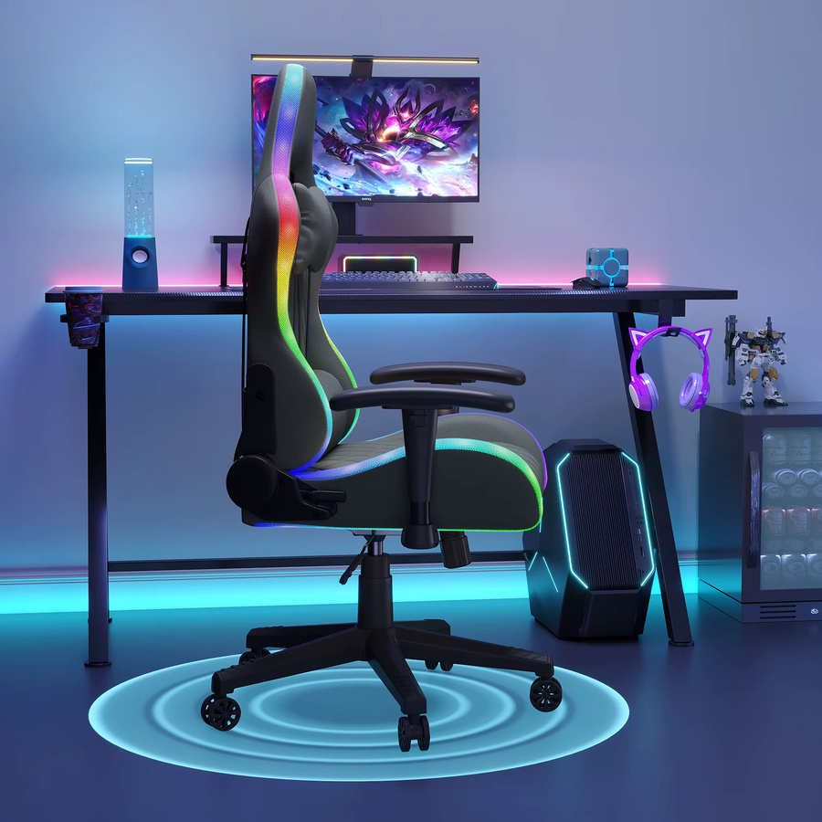 Ergonomischer Gaming-Stuhl mit LED und Kopfstütze in Schwarz aus Kunstleder für Teenager - Bild 3