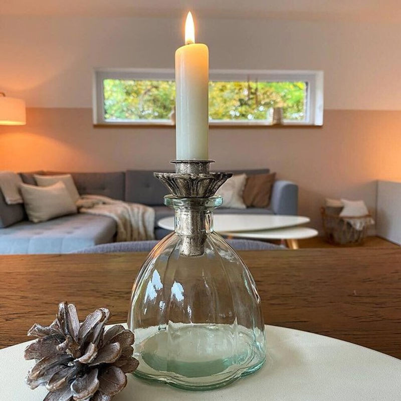 Kerzenhalter für Flaschen in Silber im Vintage-Stil mit floralem Design aus Metall und Glas - Bild 1