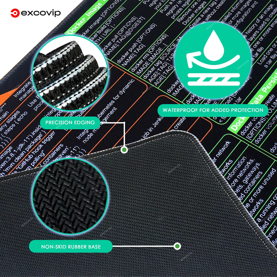 EXCO DevOps Engineer Mauspad Schwarz mit Docker Kubernetes Jenkins Git Shortcuts Cheat Sheet als große Schreibtischunterlage - Bild 5