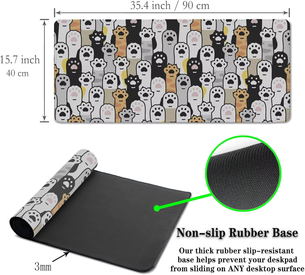 Niedrige Katzenpfoten-Schreibtischunterlage Multicolor – XXL wasserdichtes Gaming-Mauspad mit genähten Kanten und rutschfester Basis für Büro und Zuhause - Bild 6