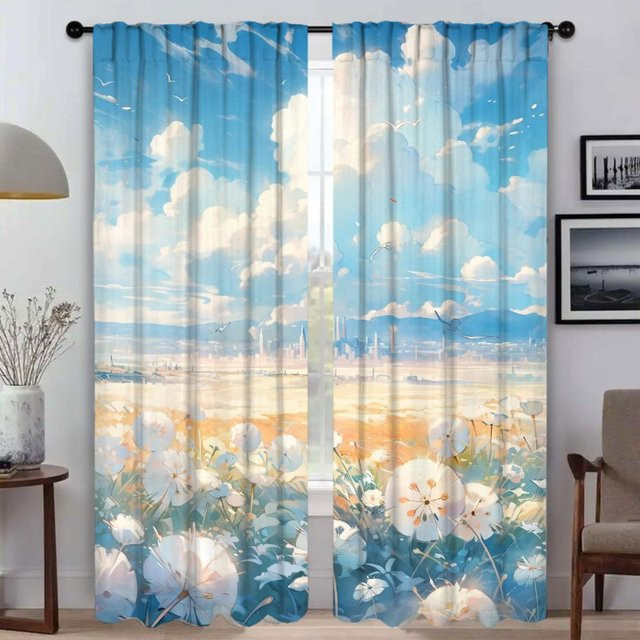 Löwenzahn-Töne Tüll-Vorhang für Schlafzimmer und Wohnzimmer, Blau, 2er-Set, Breite: 50 cm, Höhe: 70 cm - Bild 1