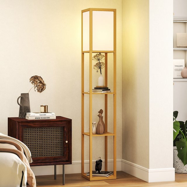 HOMCOM Stehlampe mit Regalen in Rotbuche, Stehleuchte mit Acryl-Lampenschirm und E27 Fassung, Standlampe für Wohnzimmer, Schlafzimmer oder Büro, Höhe: 160 cm, Breite: 26 cm, Tiefe: 26 cm - Bild 1