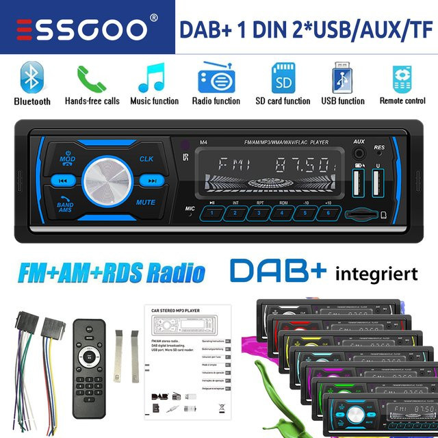 ESSGOO Autoradio Single 1 DIN in Schwarz mit Bluetooth-Freisprechsystem, MP3-Player, USB, SD, AUX IN, TF sowie AM/FM und RDS mit 7 LED-Farbbeleuchtung - Bild 1