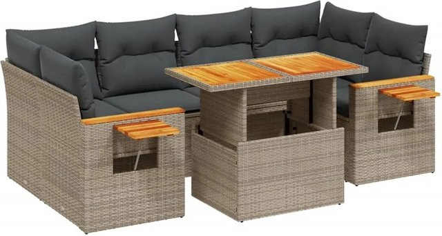 vidaXL 7-teilige Garten-Sofagarnitur in L-Form aus grauem Poly-Rattan mit Kissen und Akazienholz - Bild 1