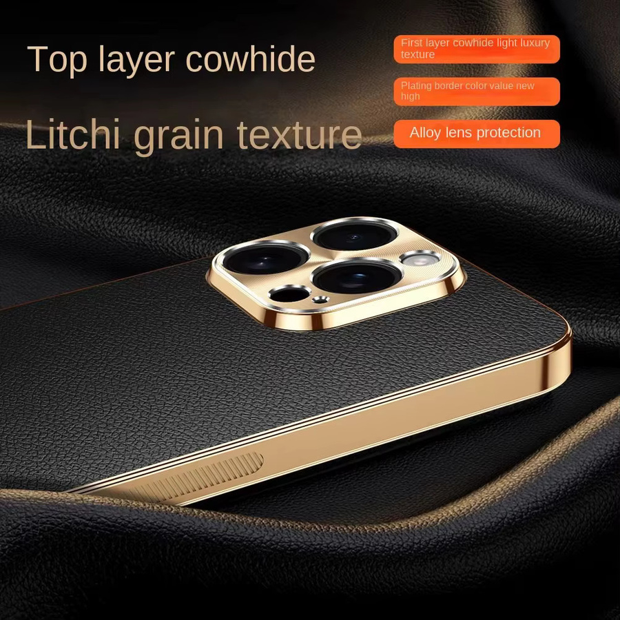Linsenschutz-Rückgehäuse für Apple iPhone 17 Air, iPhone 16 E, iPhone 15, iPhone 14 und iPhone 13 Pro Max aus Rindsleder mit Litschi-Textur und galvanisiertem Rahmen in Blau - Bild 2