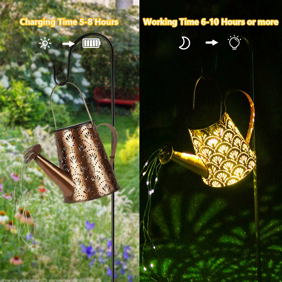 LQWELL Solar Gießkanne mit Wasserfall-Effekt und LED-Lichterkette, Wasserdichte Gartenleuchte in Gold/Messing für Garten, Terrasse und Balkon, Warmweiß - Bild 4