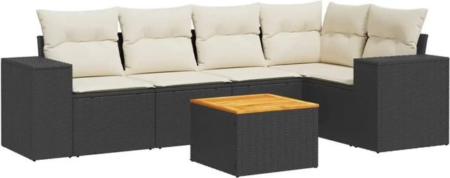 vidaXL 6-tlg Garten-Sofagarnitur in L-Form aus Polyrattan mit Kissen und Armlehnen, Schwarz - Bild 1