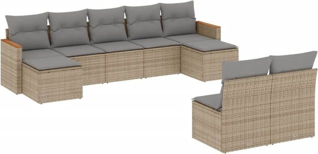vidaXL 9-tlg Garten-Sofagarnitur in L-Form aus Polyrattan und Akazienholz, Beige mit Kissen und Stauraum - Bild 1