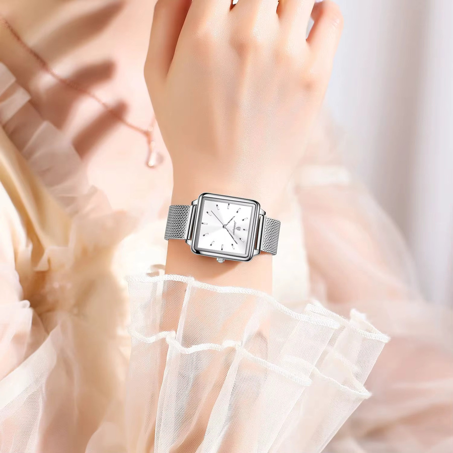 POEDAGAR Armbanduhr, Edelstahl, Quarz, eckig, Silber, Damen - Bild 5