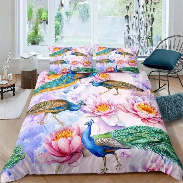 Creative Homewares Bettwäsche Set mit Pfau und Feder Muster aus Mikrofaser, 3-teilig, B: 135 cm, L: 200 cm - Bild 1