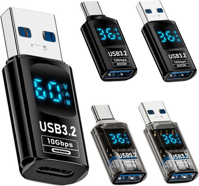 Digitaler USB-C auf USB 3.2 Adapter mit LED-Display zur Messung von Leistung und Datenübertragung bis 10 Gbit/s, 36-60 W, transparent - Bild 1