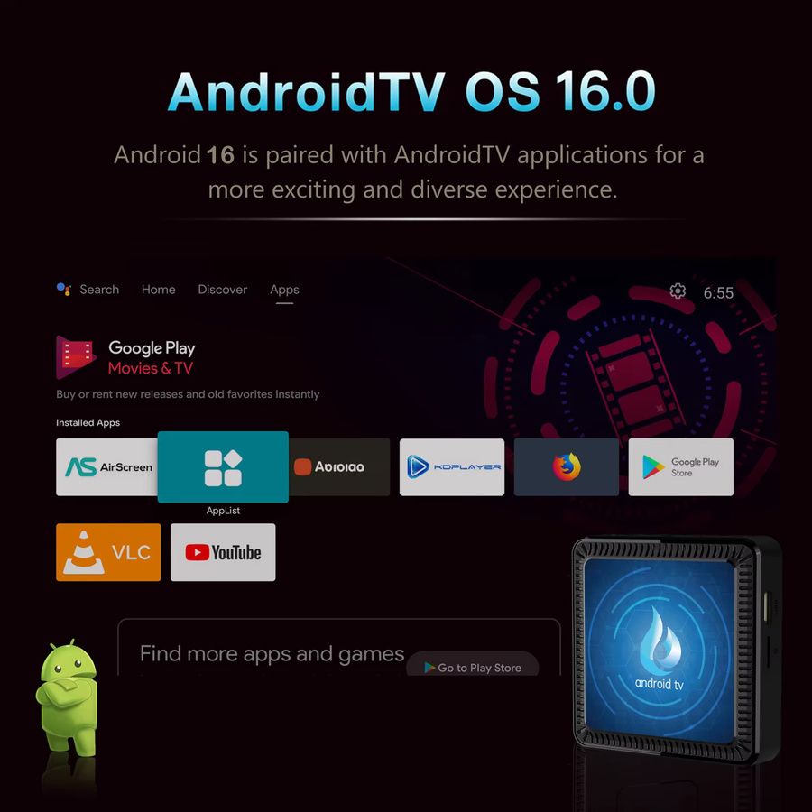 Q17 ATV Smart TV Box mit Android 16, 8K Ultra HD Streaming Media Device, Google Voice, Schwarz - Bild 3