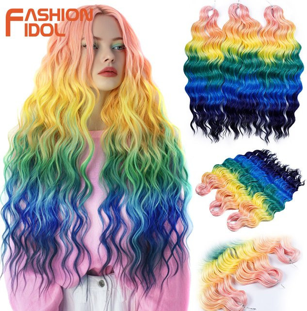 FASHION IDOL Haarverlängerung, Synthetisch, Wasserwellen, Ombre Regenbogenfarben, 24 Zoll - Bild 1