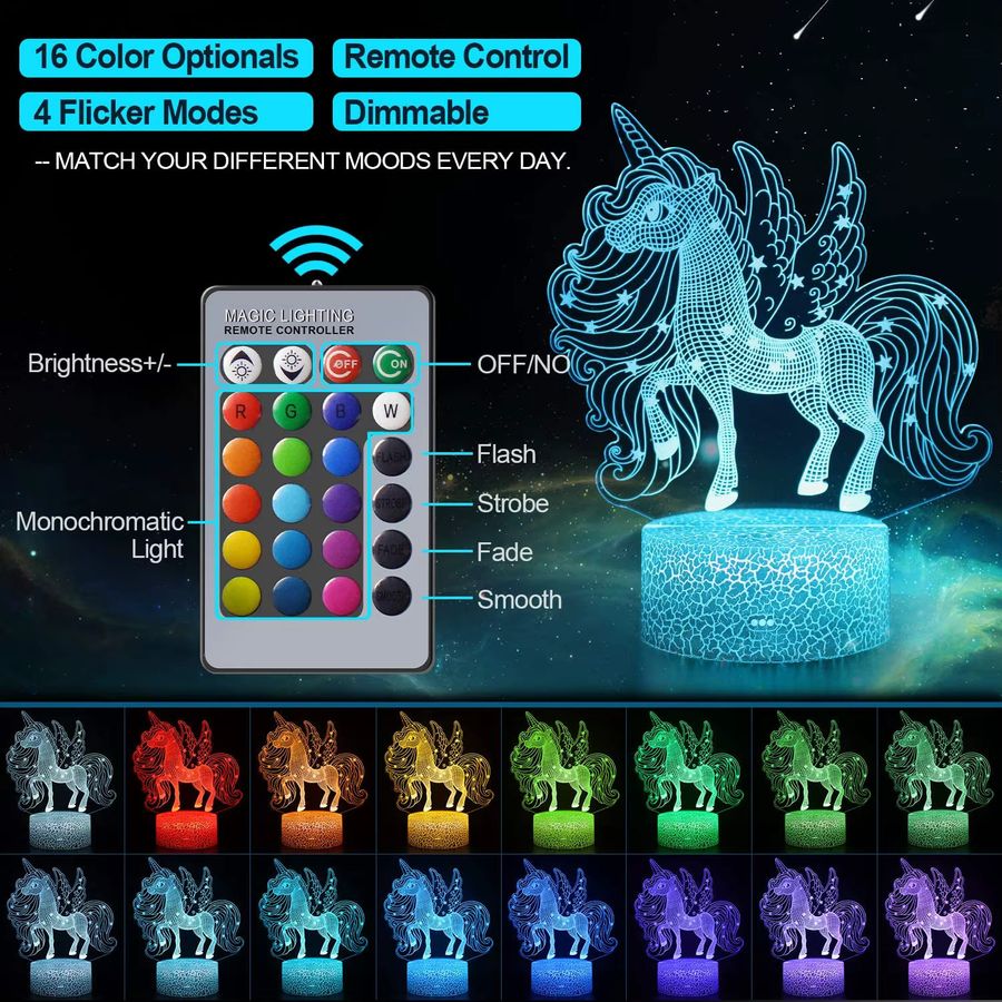 Nighdn 3D LED Einhorn Nachtlicht mit Fernbedienung und 16 Farboptionen für Kinder - Bild 2