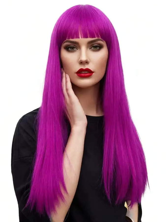 shyred Perücke, lange gerade violette Synthetik-Perücke mit Pony, Damen - Bild 3