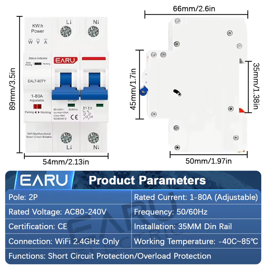 EARU 80A Tuya App WiFi Smart MCB Schutzschalter mit Strom-Spannungs-kWh-Energiemesser und Überlast-Kurzschlussschutz in Weiß - Bild 2