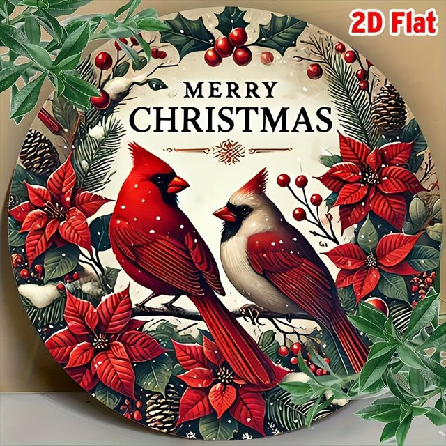 Rundes Aluminiumschild Potdemiel Merry Christmas mit Kardinalvögeln und floralem Design, Durchmesser: 20,32 cm - Bild 1