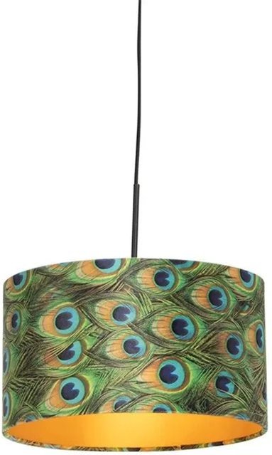QAZQA Hängelampe mit Veloursschirm im Pfauen-Design in Gold und Multicolour, Durchmesser: 35 cm, dimmbar, E27 - Bild 1