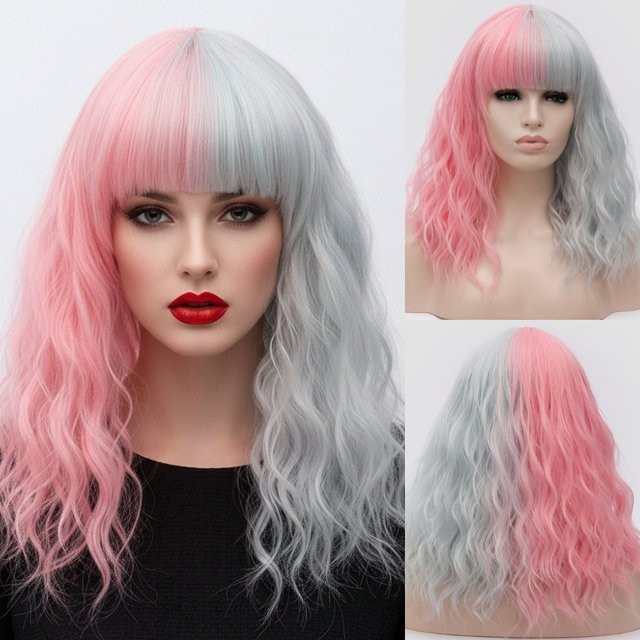 shyred Synthetische Perücke mit Pony, kurz, gewellt, zweifarbig, rosa, Ombre, grau, Damen - Bild 1