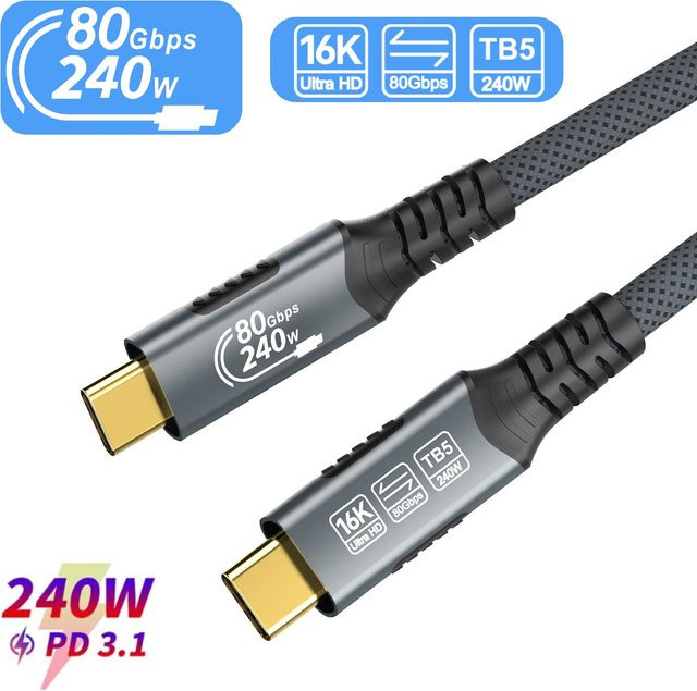 FDBOY USB-C Kabel mit 80 Gbit/s Datenübertragung, 8K bei 60 Hz und PD 240 W Schnellladefunktion, kompatibel mit Thunderbolt 5/4/3 und USB4 für Laptop, Tablet und Smartphone - Bild 1